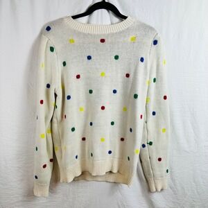 Storia Pullover Crewneck Sweater‎ Size Large White Polka Dots Colorful Warm